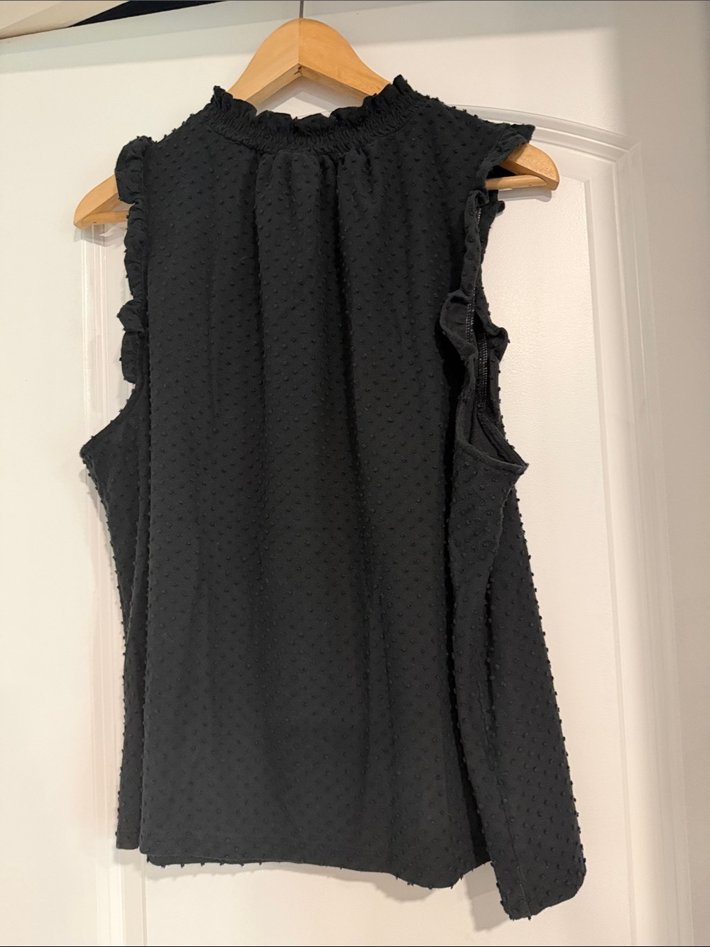 J. Crew Black Swiss Dot Ruffle Neck Sleeveless Top - Picture 3 of 3